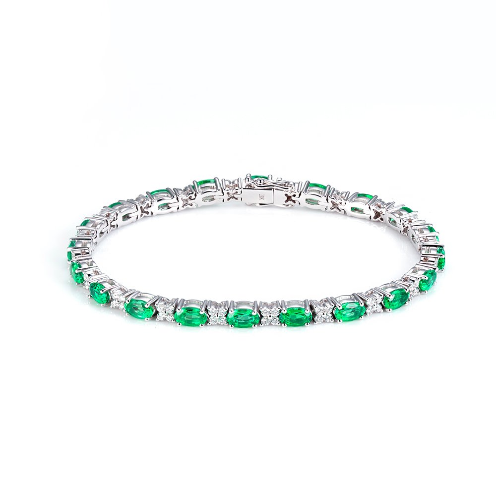 Aurora Geometry Oval Shape Lab Emerald 18K White Gold 160mm Tennis Bracelet MSB-627