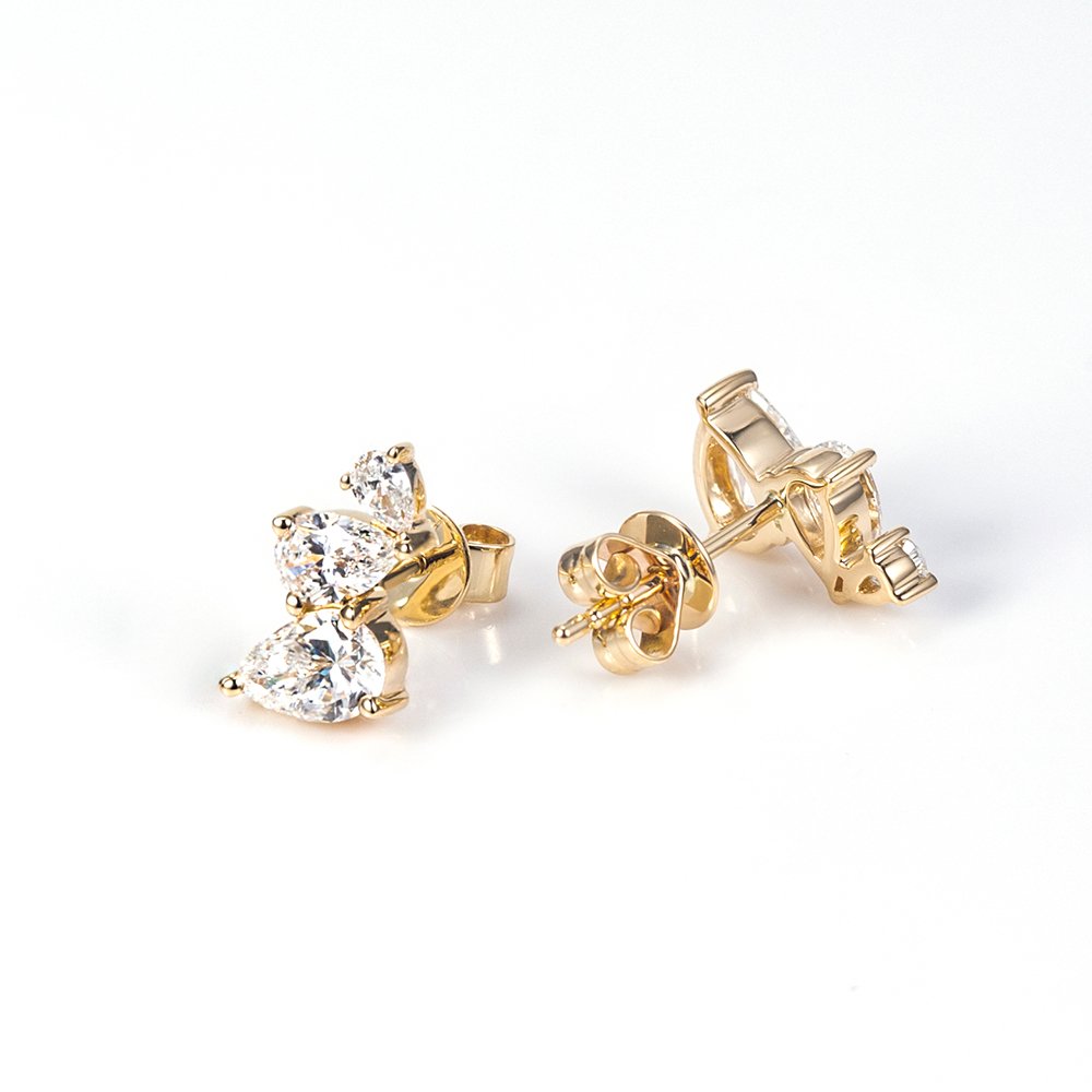 Aurora Geometry Pear Shape Three Stones Lab Grown Diamond E VVS2 14K Gold Studs Earrings MSE-772