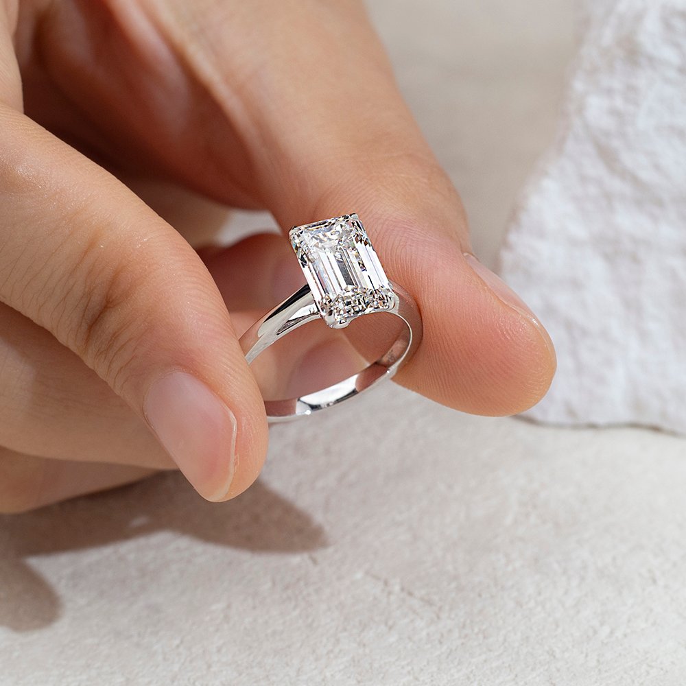 Aurora Geometry Emerald Cut Lab Grown Diamond 3CT Solitaire E VVS2 18K White Gold Ring MSR-1680