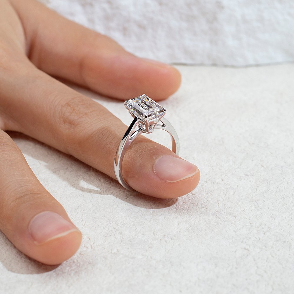 Aurora Geometry Emerald Cut Lab Grown Diamond 3CT Solitaire E VVS2 18K White Gold Ring MSR-1680