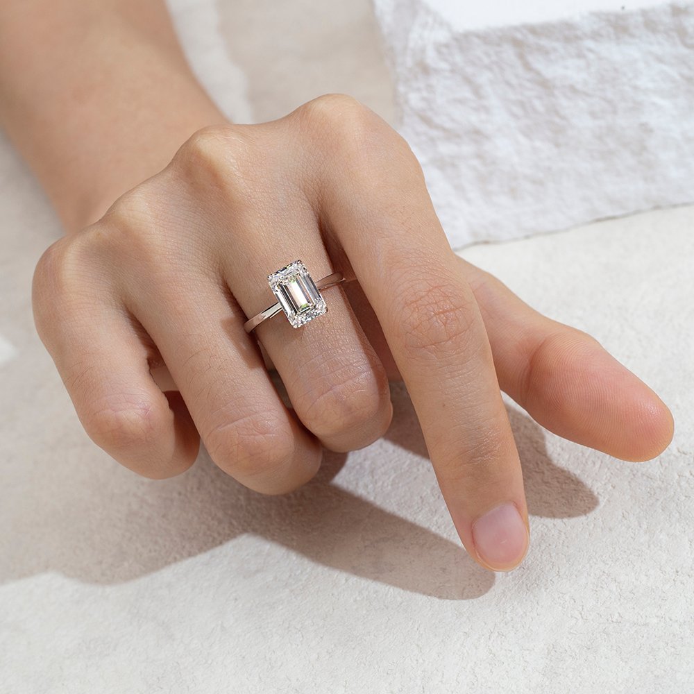 Aurora Geometry Emerald Cut Lab Grown Diamond 3CT Solitaire E VVS2 18K White Gold Ring MSR-1680