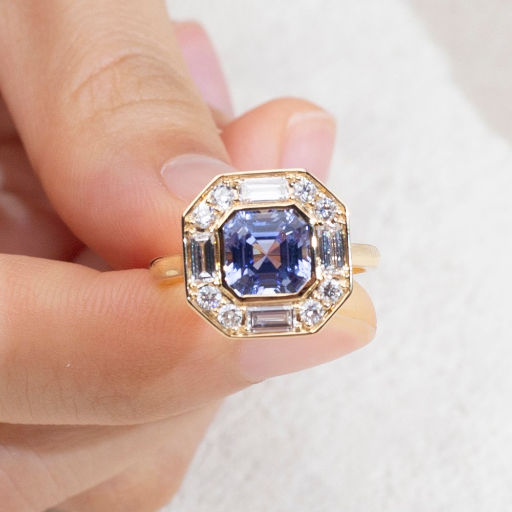 Aurora Geometry Asscher Cut Lab Grown Sapphire 2.5CT Halo 18K Yellow Gold Ring MSR-1679