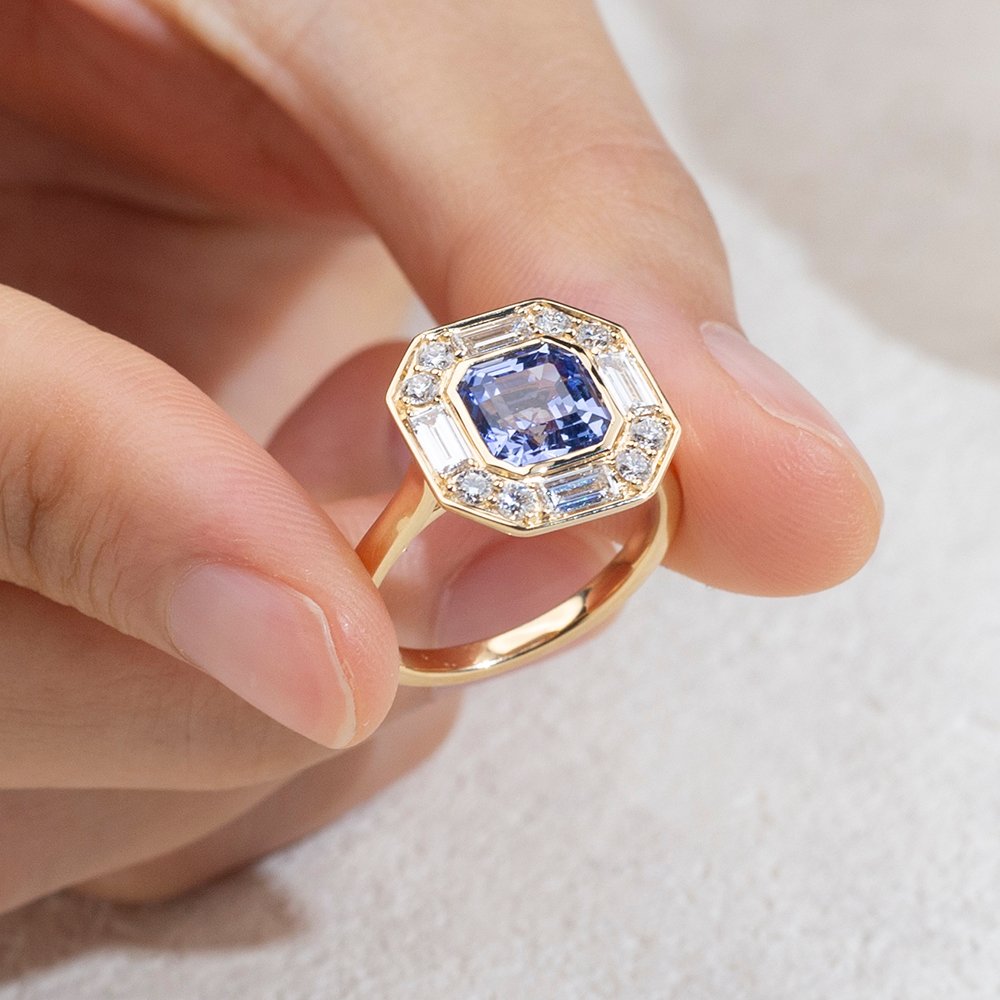 Aurora Geometry Asscher Cut Lab Grown Sapphire 2.5CT Halo 18K Yellow Gold Ring MSR-1679