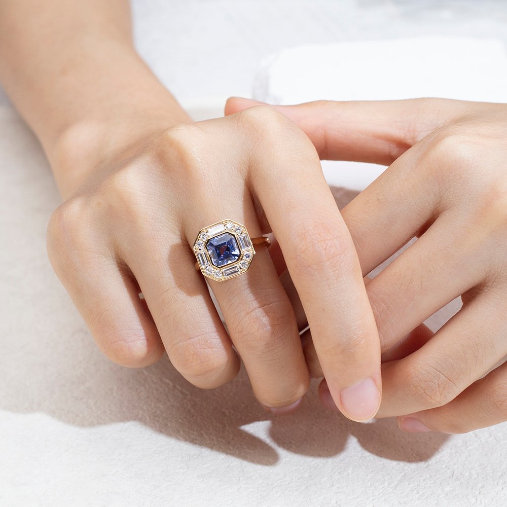 Aurora Geometry Asscher Cut Lab Grown Sapphire 2.5CT Halo 18K Yellow Gold Ring MSR-1679