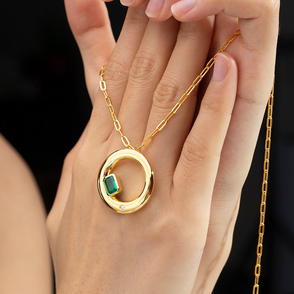 Aurora Geometry Octagon Shape Lab Emerald S925 Silver Pendant Necklace MSN-844