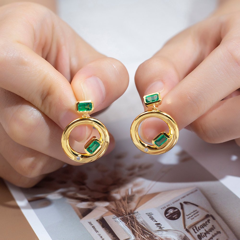 Aurora Geometry Octagon Shape Lab Emerald S925 Silver Studs Earrings MSE-777