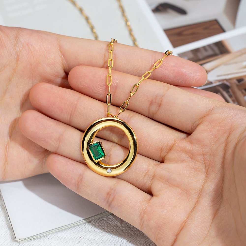 Aurora Geometry Octagon Shape Lab Emerald S925 Silver Pendant Necklace MSN-844