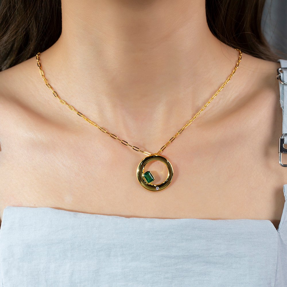 Aurora Geometry Octagon Shape Lab Emerald S925 Silver Pendant Necklace MSN-844