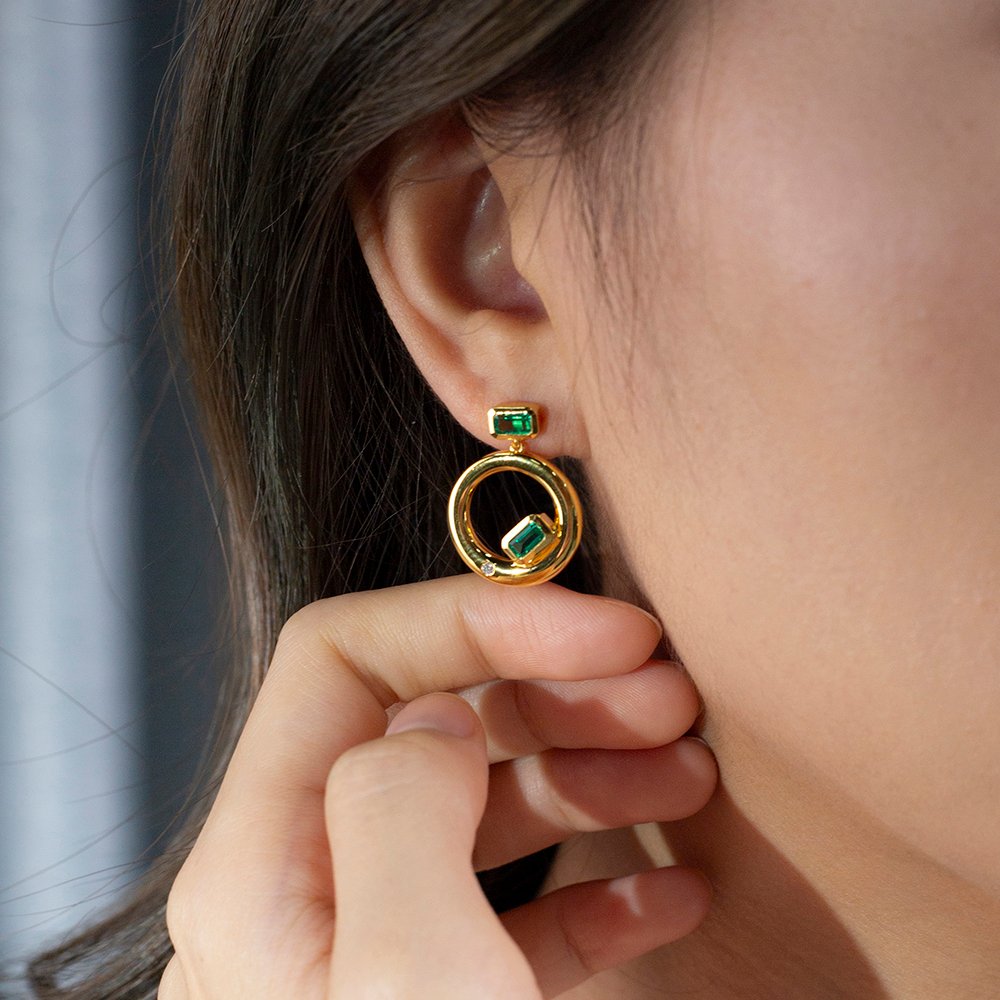 Aurora Geometry Octagon Shape Lab Emerald S925 Silver Studs Earrings MSE-777