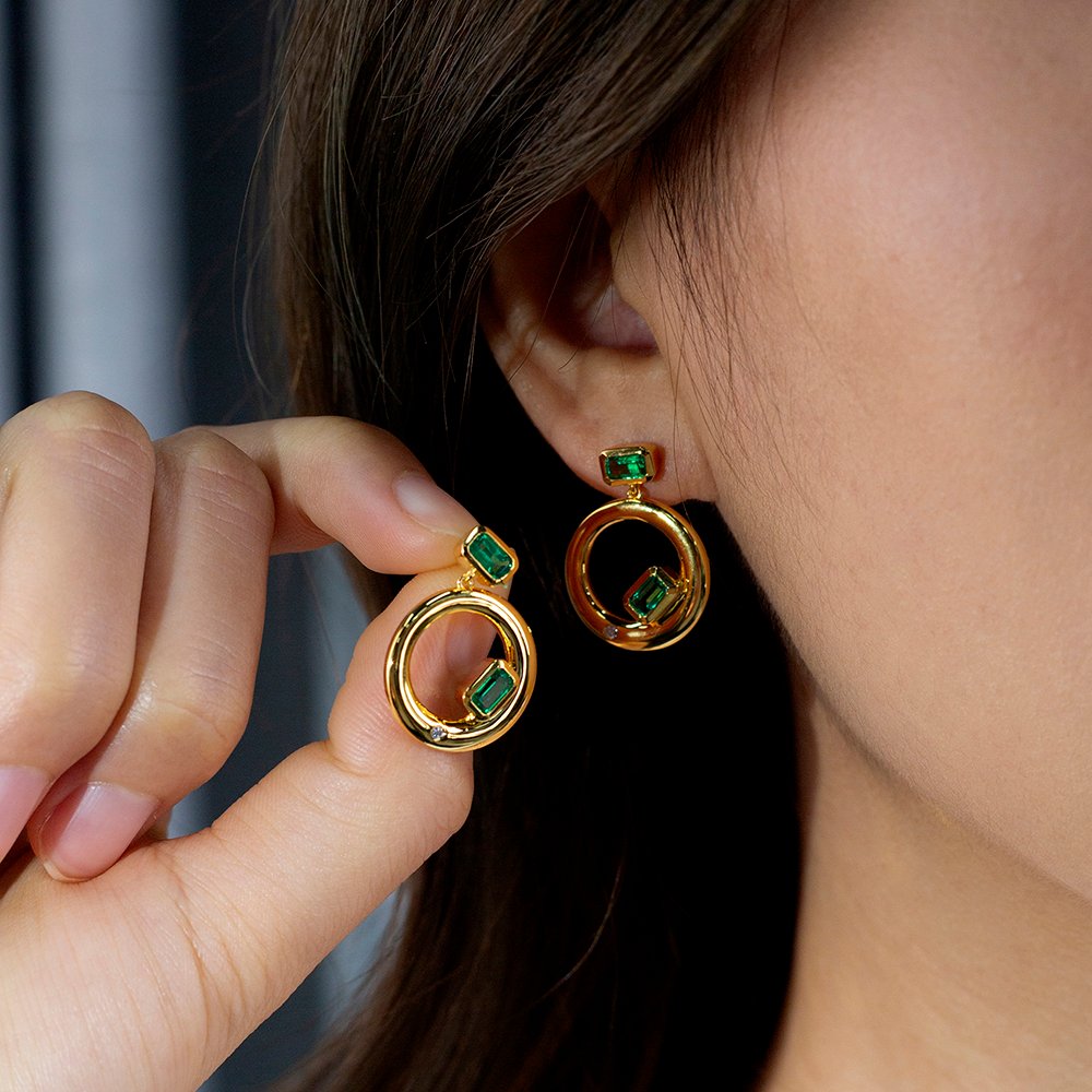 Aurora Geometry Octagon Shape Lab Emerald S925 Silver Studs Earrings MSE-777