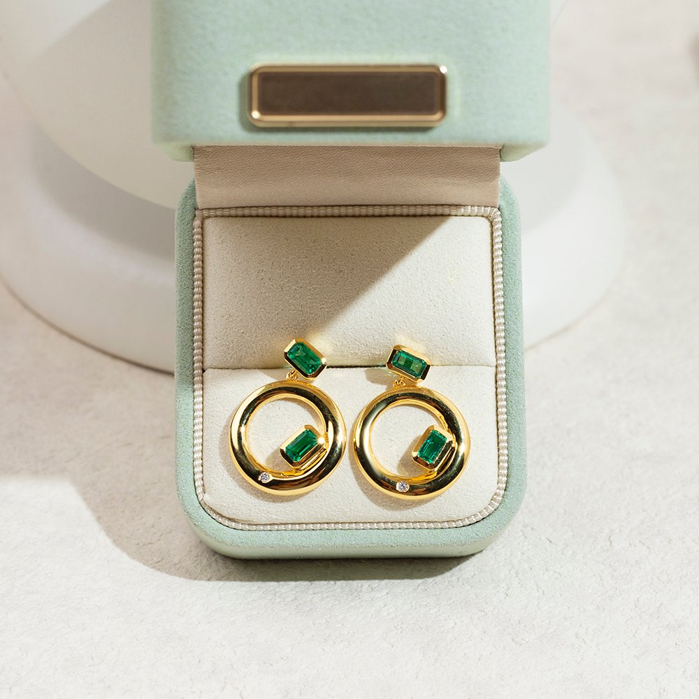 Aurora Geometry Octagon Shape Lab Emerald S925 Silver Studs Earrings MSE-777