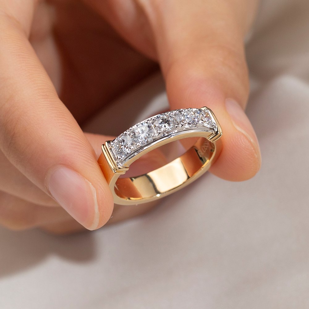 Aurora Geometry Round Cut Lab Grown Diamond Half Eternity D VVS 18K Yellow Gold Ring MSR-1682