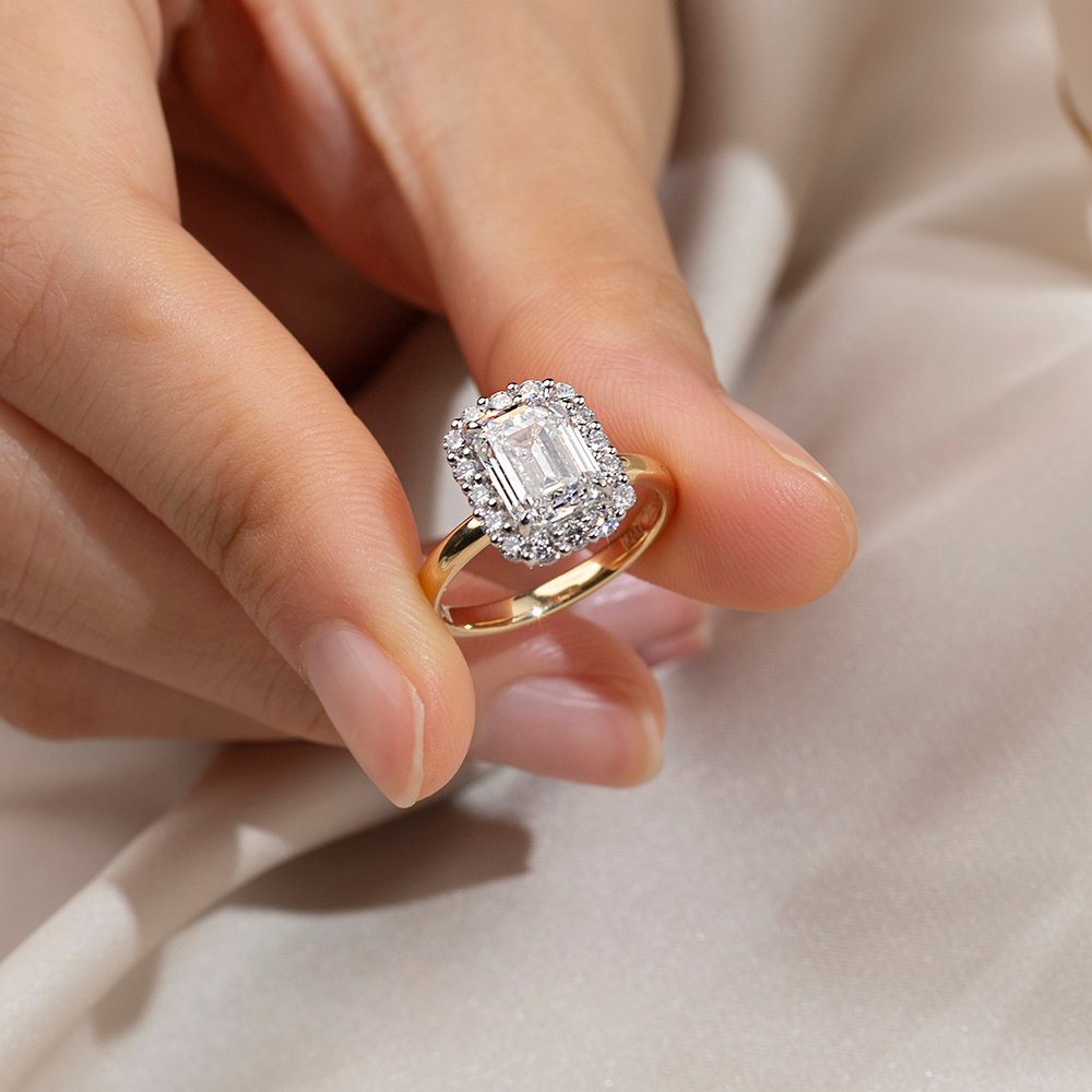 Aurora Geometry Emerald Cut Lab Grown Diamond 2.2CT Halo E VS1 18K Yellow Gold Ring MSR-1683