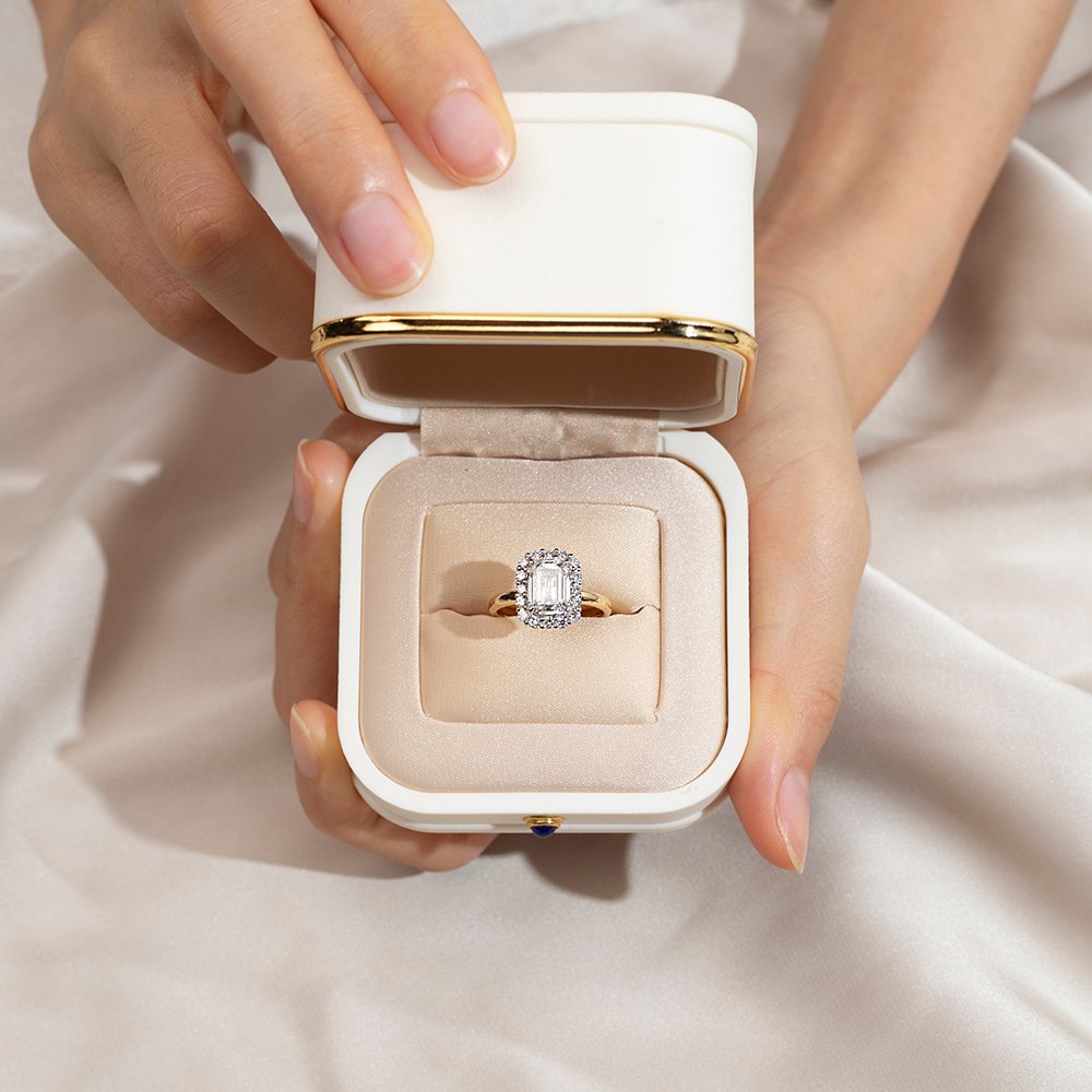 Aurora Geometry Emerald Cut Lab Grown Diamond 2.2CT Halo E VS1 18K Yellow Gold Ring MSR-1683