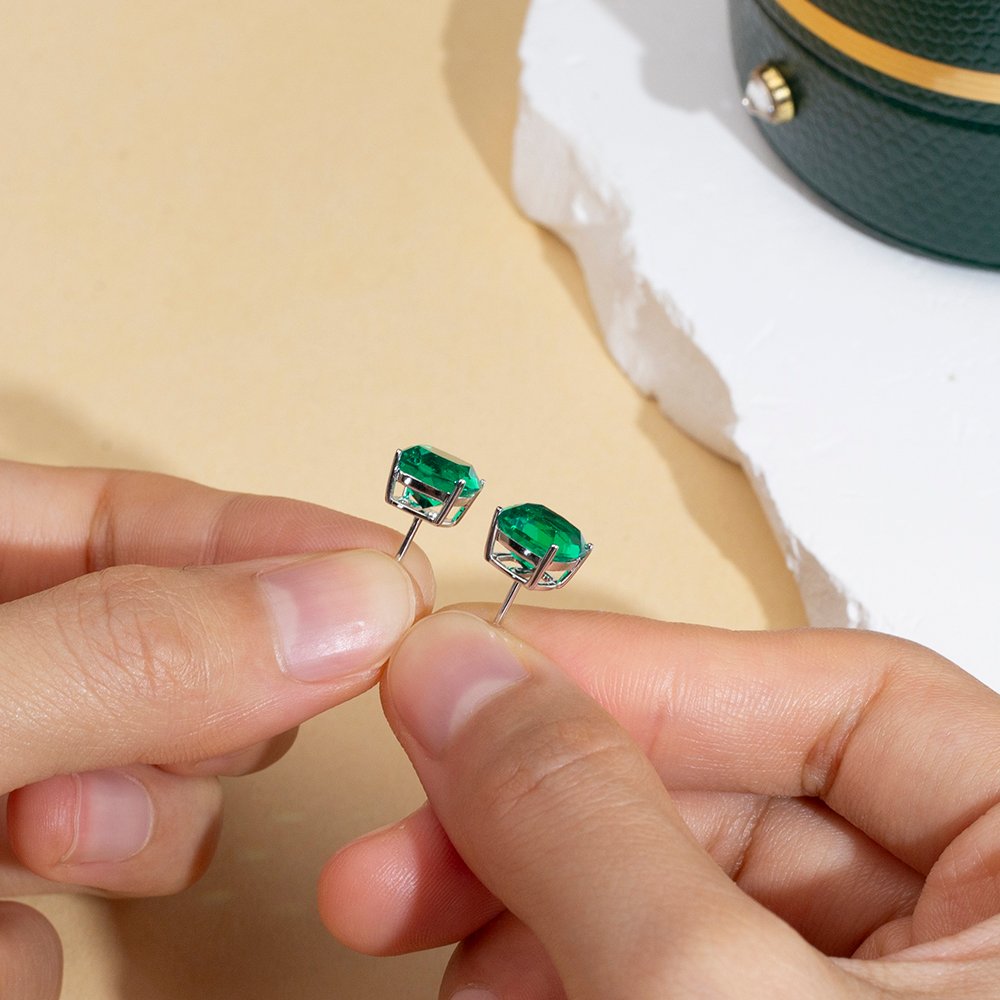 Aurora Geometry Cushion Shape Lab Emerald 10K White Gold Studs Earrings MSE-779