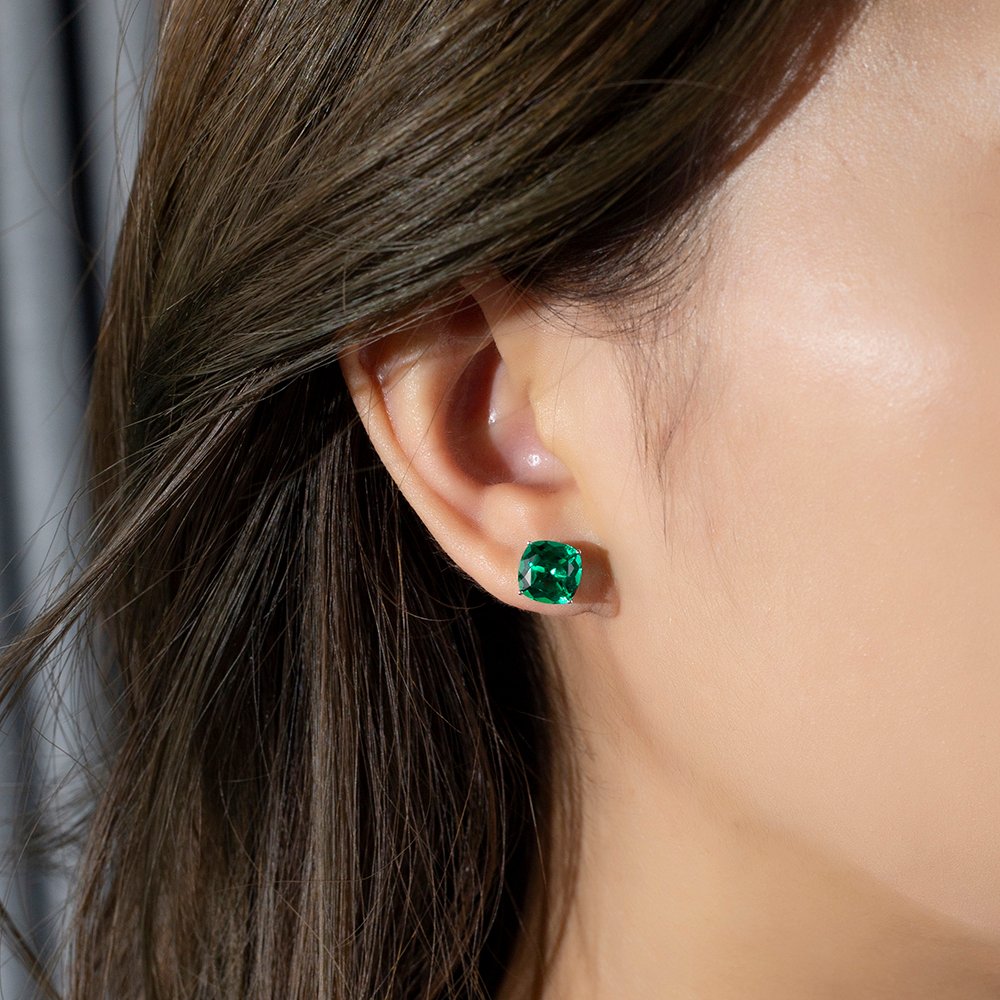 Aurora Geometry Cushion Shape Lab Emerald 10K White Gold Studs Earrings MSE-779