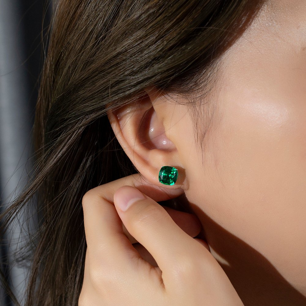 Aurora Geometry Cushion Shape Lab Emerald 10K White Gold Studs Earrings MSE-779