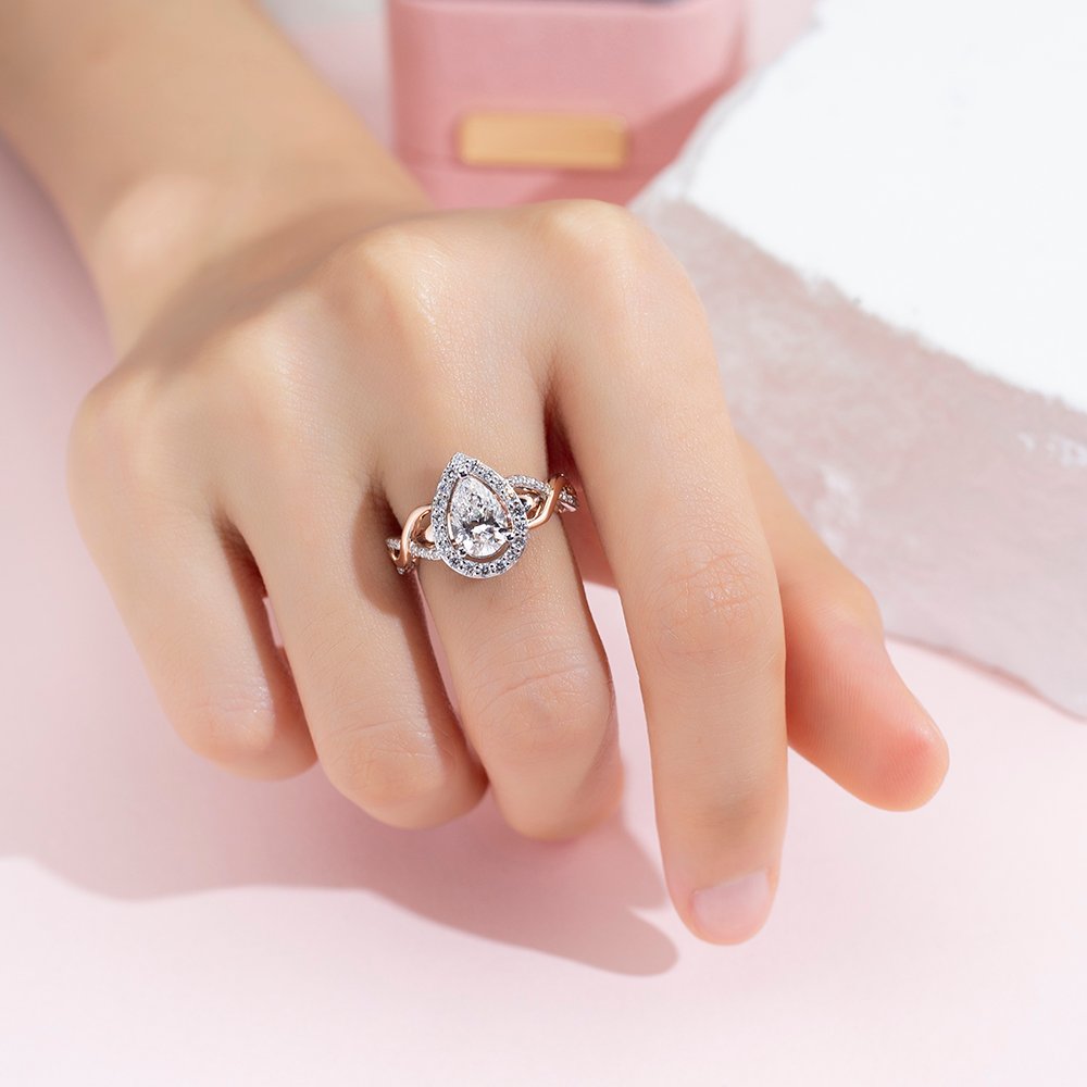 Aurora Geometry Pear Cut Lab Grown Diamond 1CT Halo E VVS2 10K White Gold Ring MSR-1688