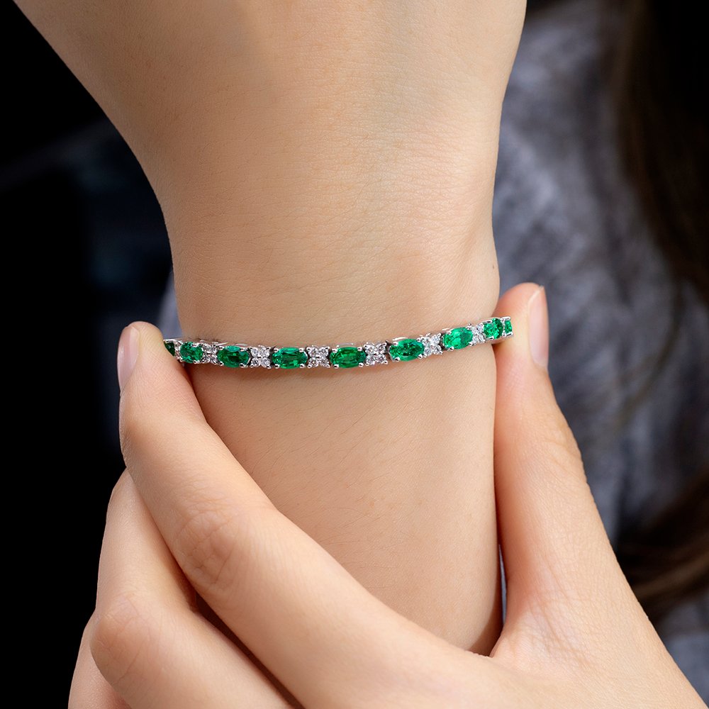 Aurora Geometry Oval Shape Lab Emerald 18K White Gold 160mm Tennis Bracelet MSB-627