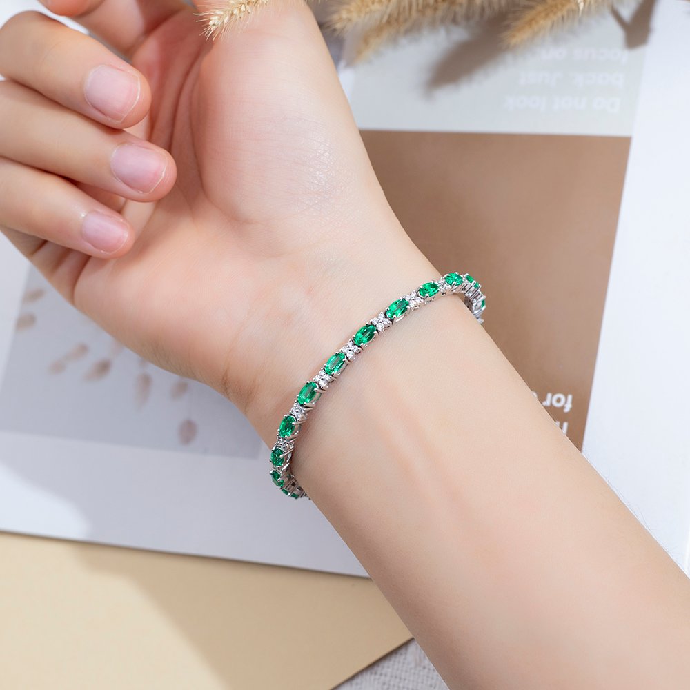 Aurora Geometry Oval Shape Lab Emerald 18K White Gold 160mm Tennis Bracelet MSB-627