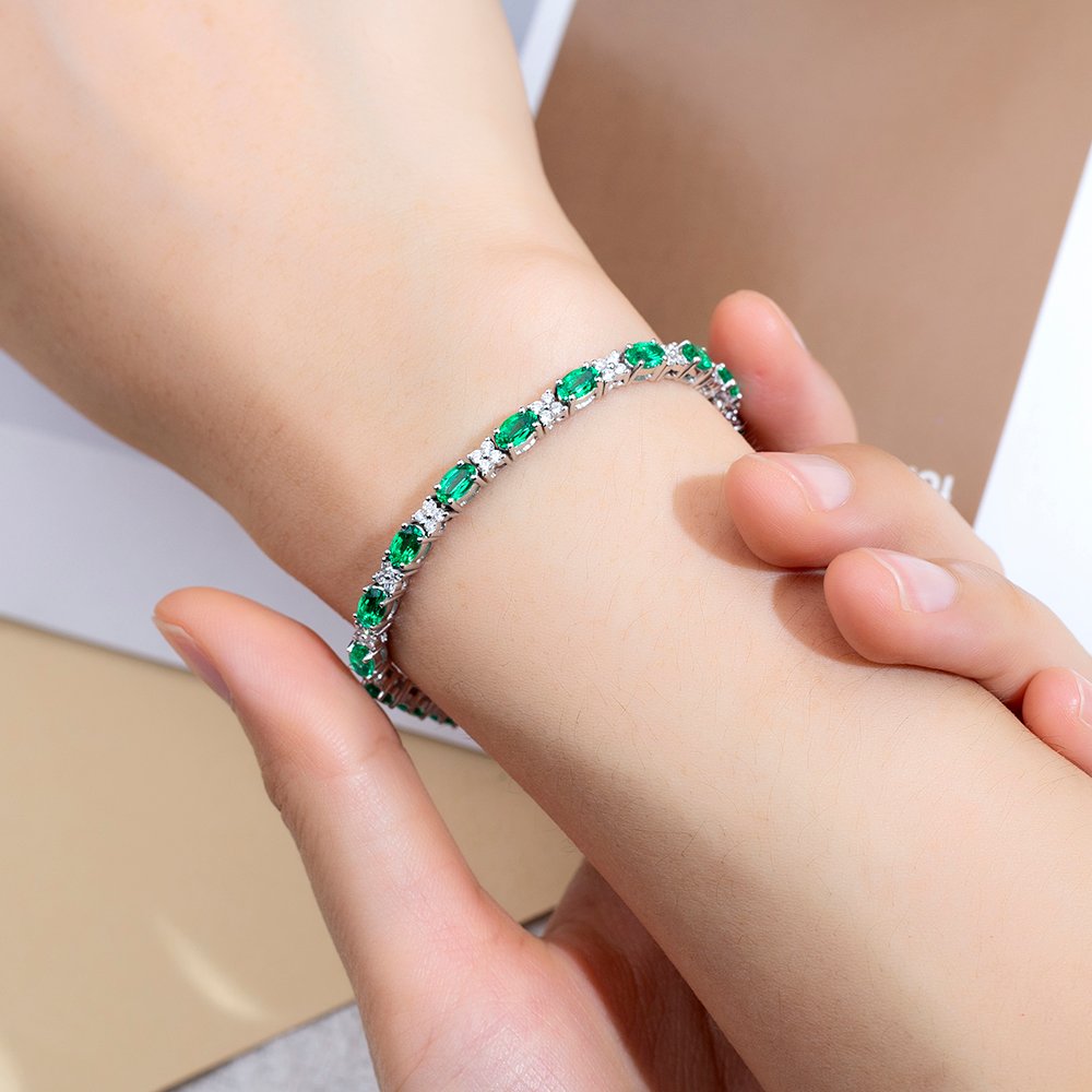 Aurora Geometry Oval Shape Lab Emerald 18K White Gold 160mm Tennis Bracelet MSB-627