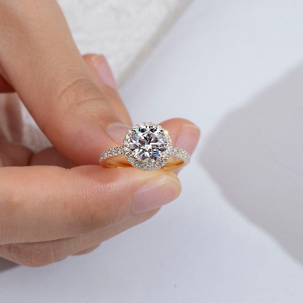 Aurora Geometry Round Cut Lab Grown Diamond 1.66CT D VS1 9K Yellow Gold Halo Ring MDR-0005