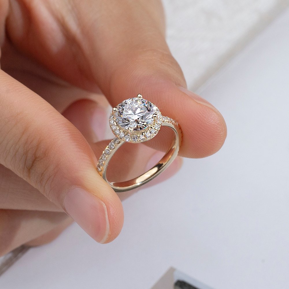 Aurora Geometry Round Cut Lab Grown Diamond 1.66CT D VS1 9K Yellow Gold Halo Ring MDR-0005