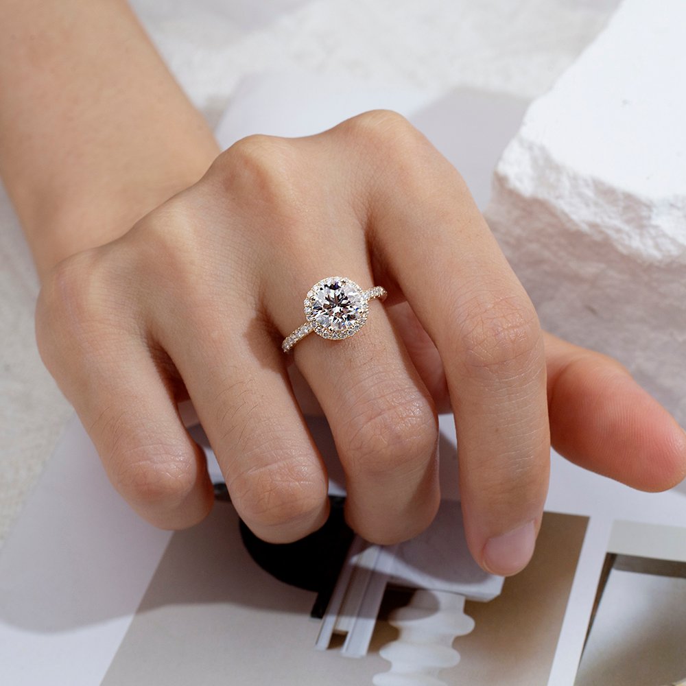 Aurora Geometry Round Cut Lab Grown Diamond 1.66CT D VS1 9K Yellow Gold Halo Ring MDR-0005