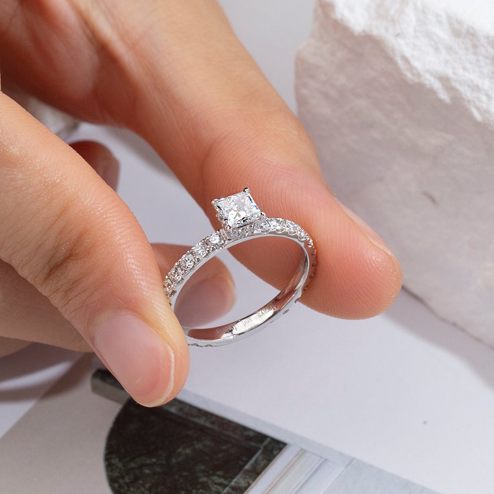 Aurora Geometry Princess Cut Lab Grown Diamond 0.3CT Hidden Halo D VVS-VS 14K White Gold Ring MSR-1700