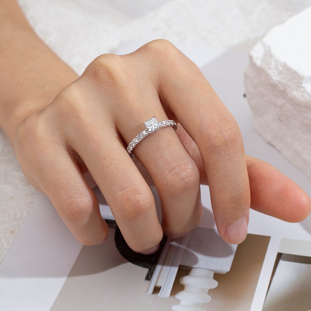 Aurora Geometry Princess Cut Lab Grown Diamond 0.3CT Hidden Halo D VVS-VS 14K White Gold Ring MSR-1700