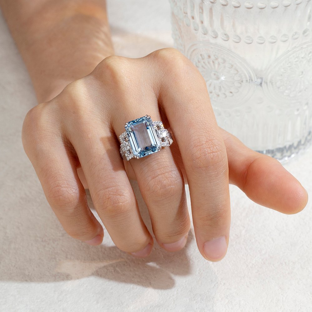Aurora Geometry Emerald Cut Lab Grown Aquamarine 10CT Solitaire PT950 Ring MSR-1691