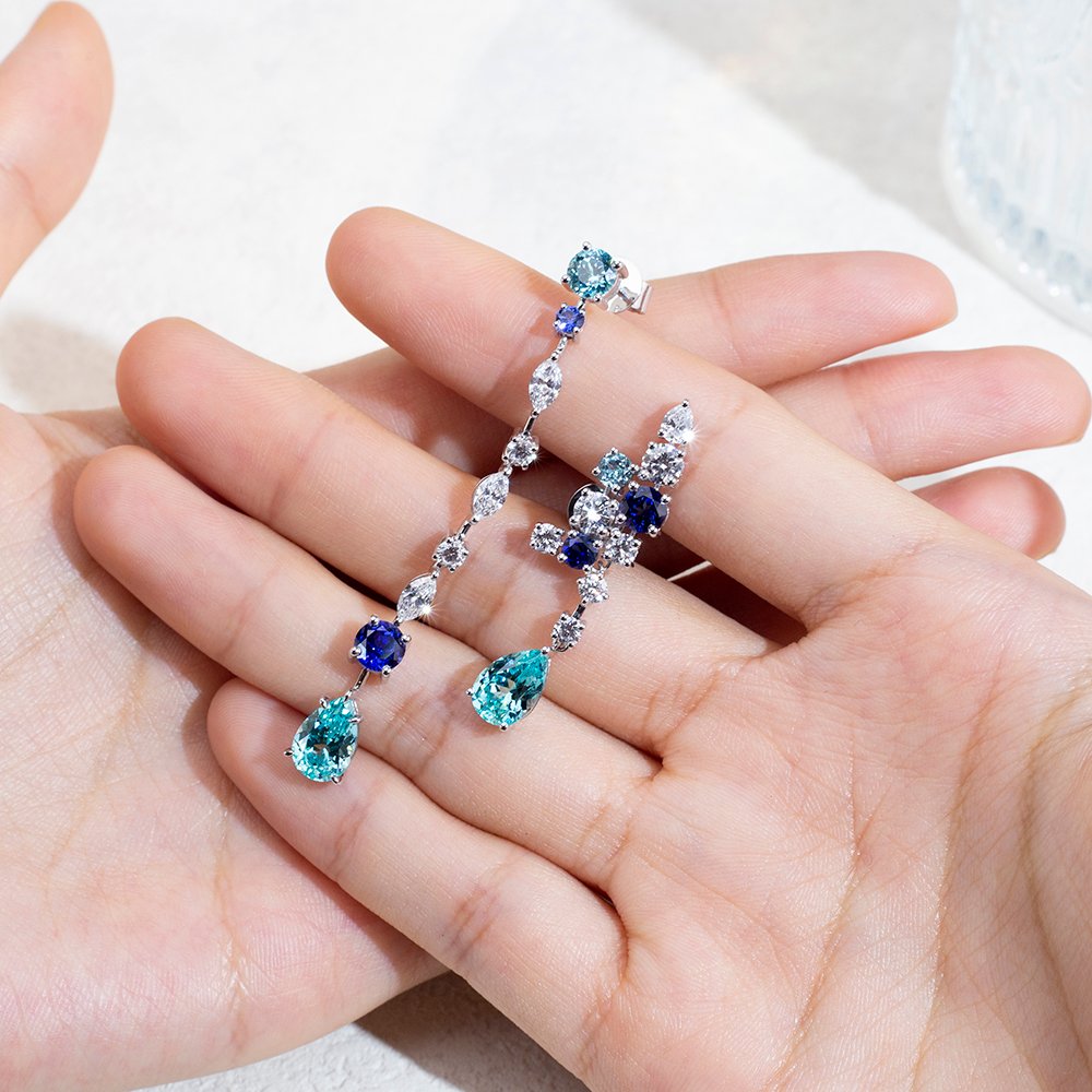 Aurora Geometry Pear Shape Lab Sapphire Paraiba S925 Silver Drop Earrings MSE-783