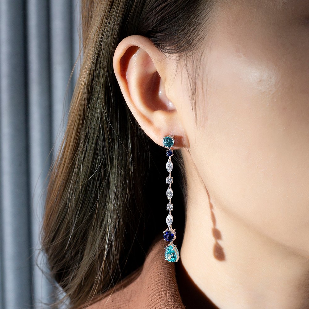 Aurora Geometry Pear Shape Lab Sapphire Paraiba S925 Silver Drop Earrings MSE-783