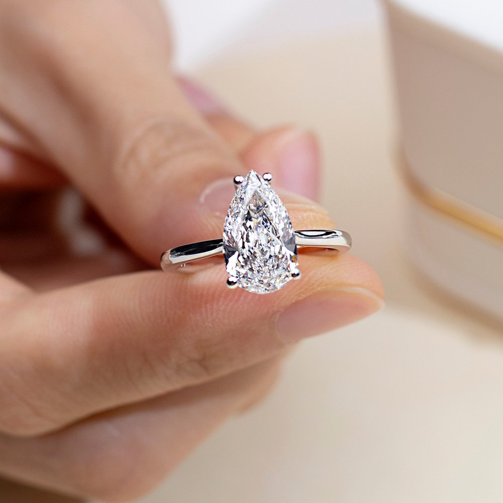 Aurora Geometry Pear Cut Lab Grown Diamond 3CT Solitaire D VVS1 14K White Gold Ring MSR-1655