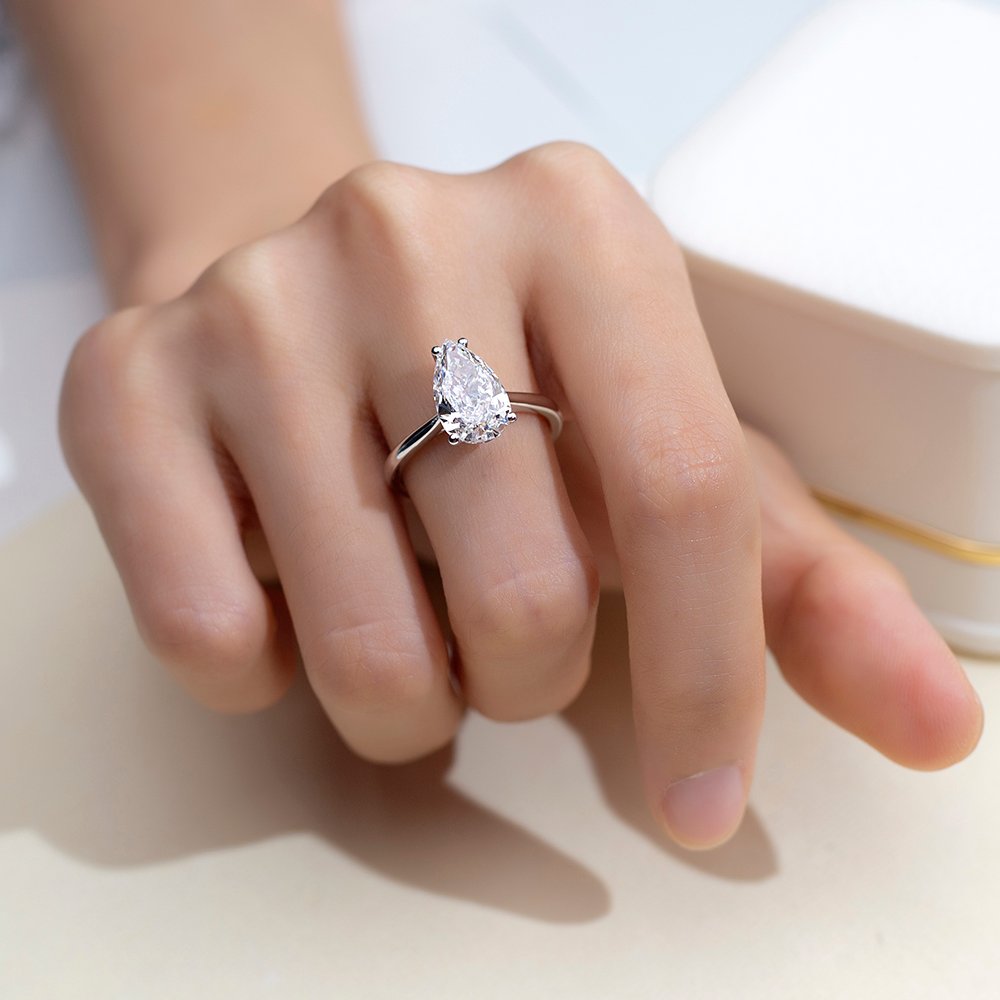 Aurora Geometry Pear Cut Lab Grown Diamond 3CT Solitaire D VVS1 14K White Gold Ring MSR-1655