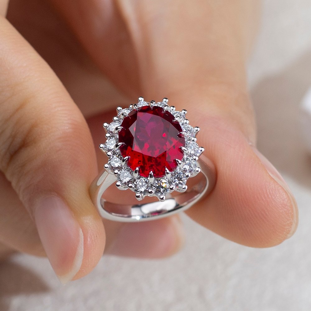 Aurora Geometry Oval Cut Lab Ruby 5CT Halo 18K Gold Ring MSR-1659