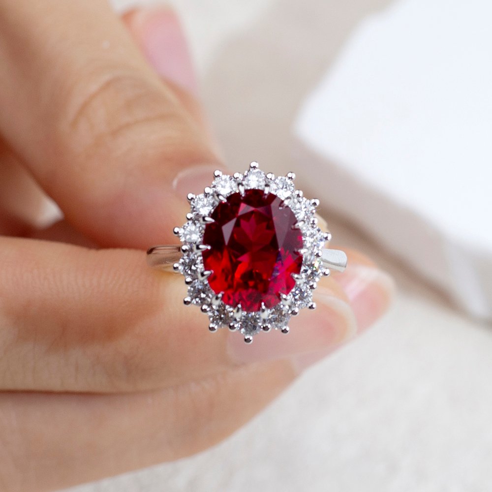 Aurora Geometry Oval Cut Lab Ruby 5CT Halo 18K Gold Ring MSR-1659
