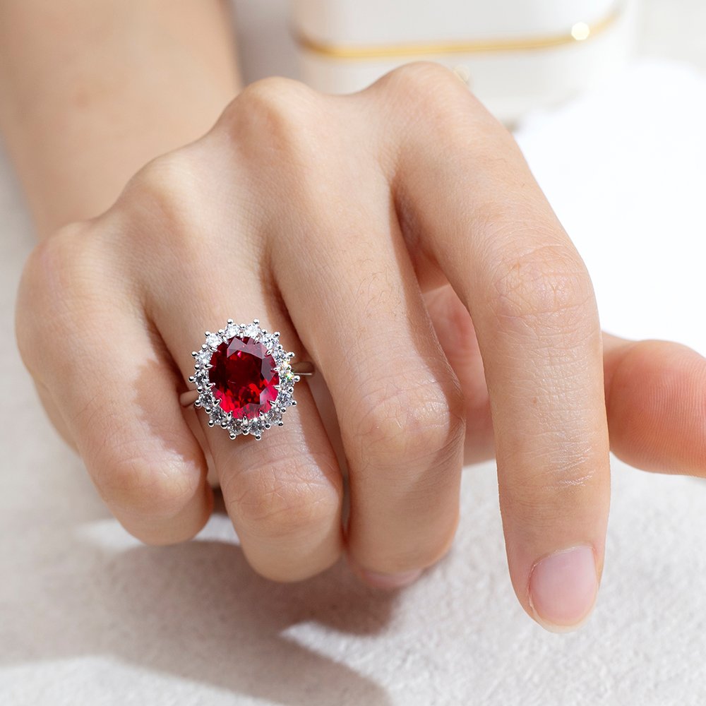 Aurora Geometry Oval Cut Lab Ruby 5CT Halo 18K Gold Ring MSR-1659