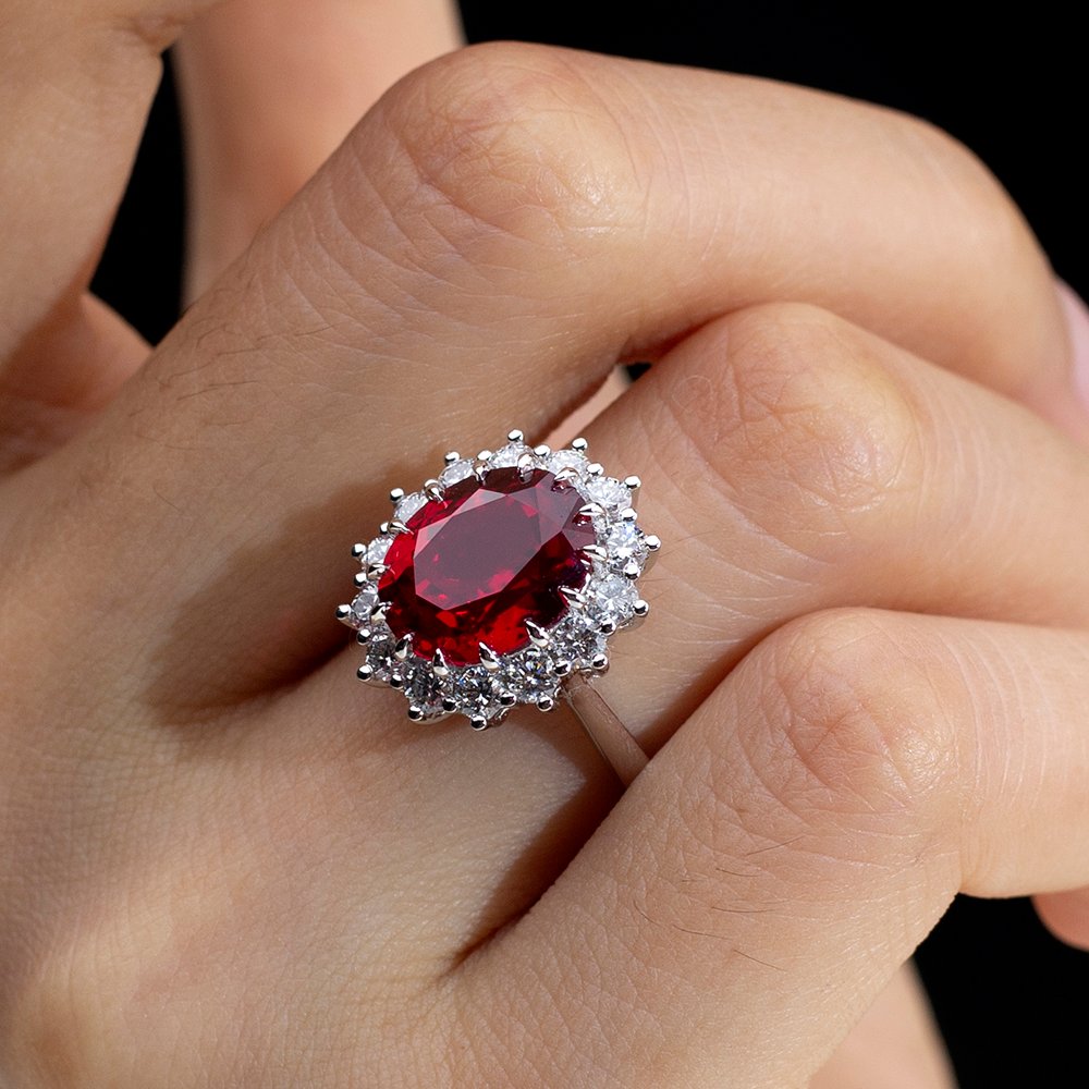 Aurora Geometry Oval Cut Lab Ruby 5CT Halo 18K Gold Ring MSR-1659