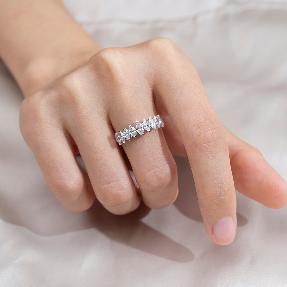 Aurora Geometry Marquise Lab Grown Diamond Half Eternity 18K White Gold Ring MSR-1669