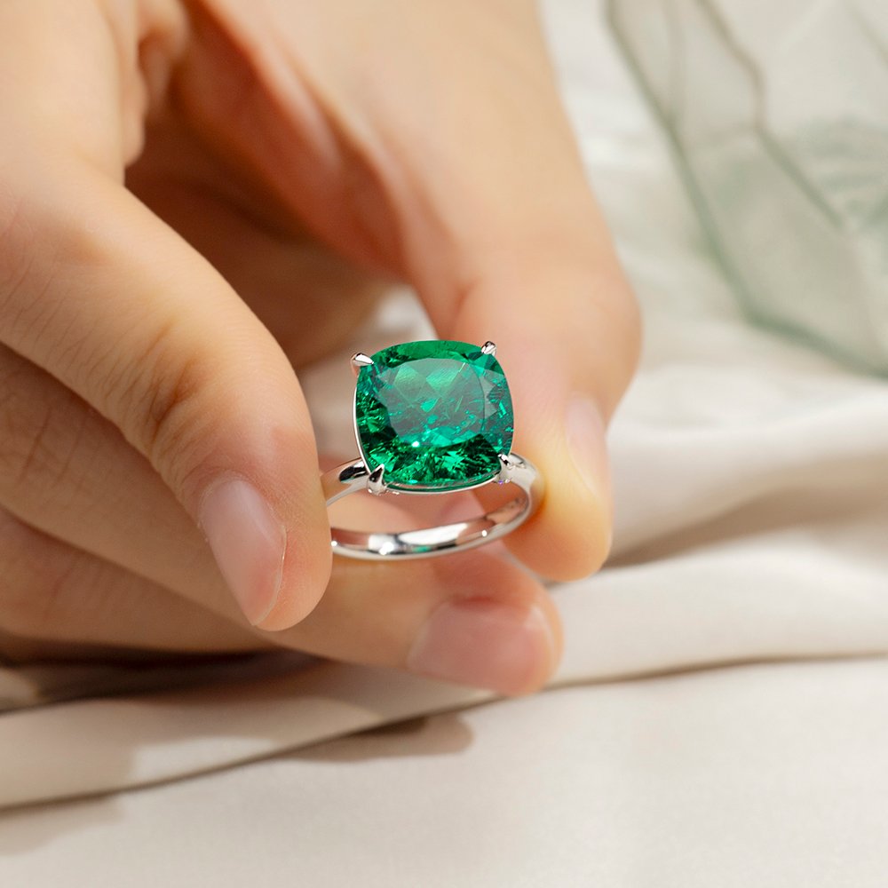 Aurora Geometry Cushion Cut Lab Grown Emerald 11CT Solitaire 14K White Gold Ring MSR-1672