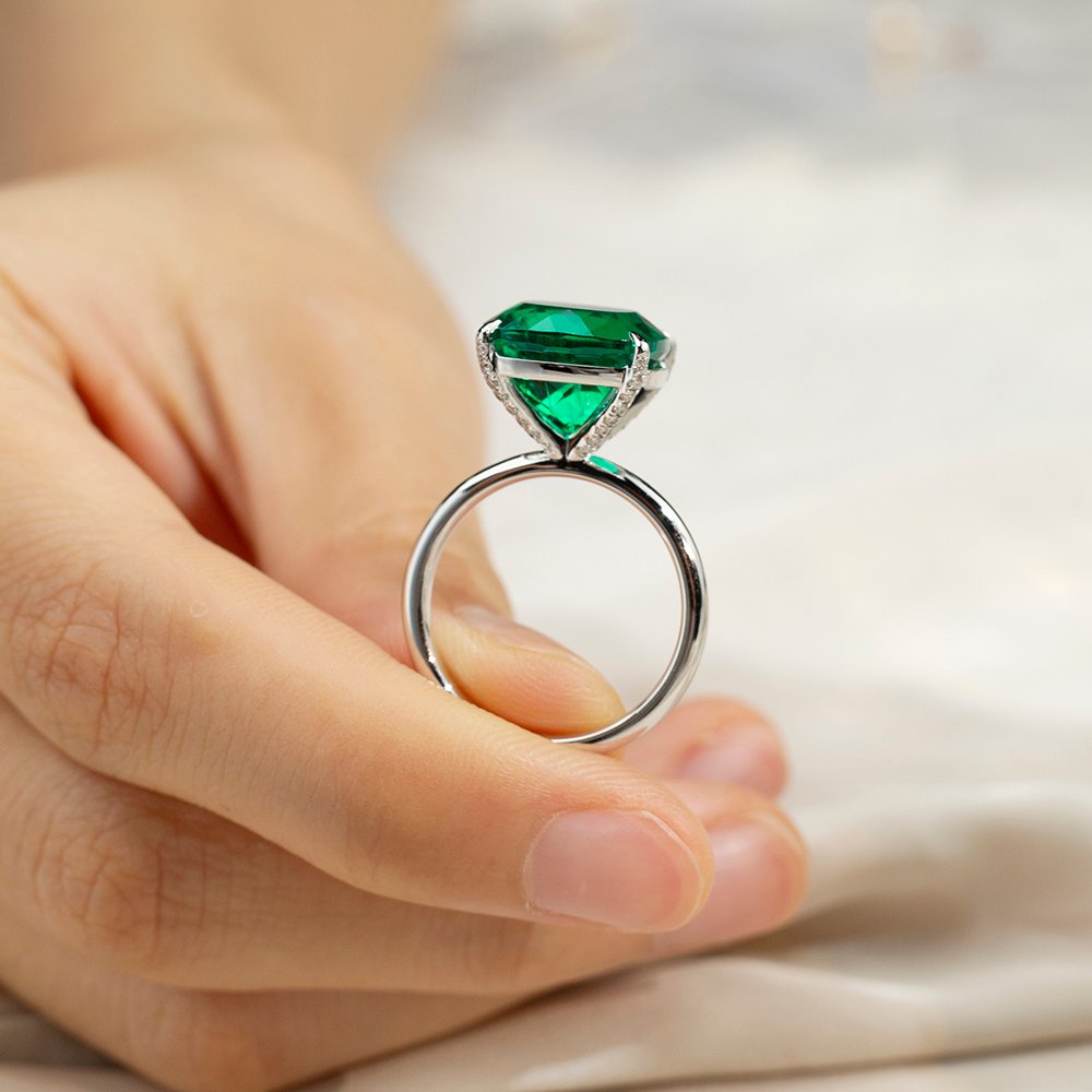 Aurora Geometry Cushion Cut Lab Grown Emerald 11CT Solitaire 14K White Gold Ring MSR-1672