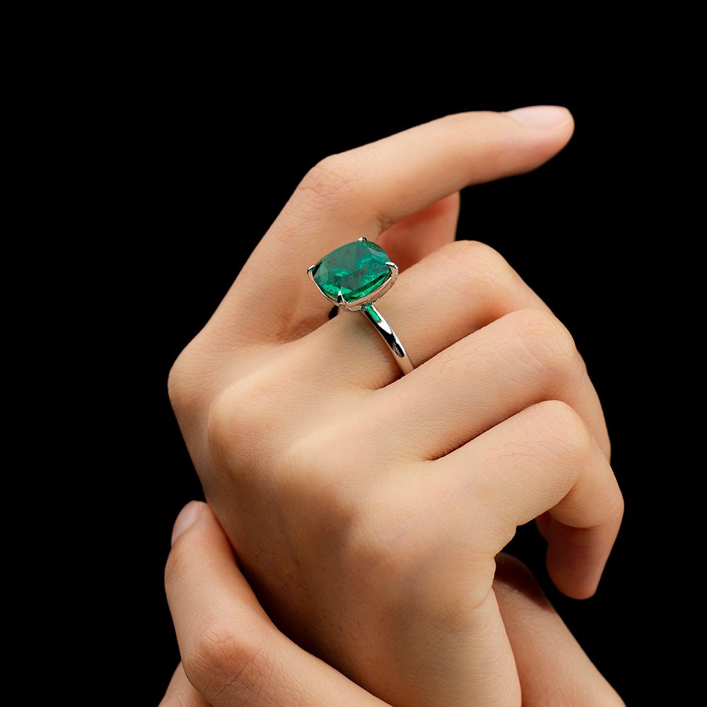 Aurora Geometry Cushion Cut Lab Grown Emerald 11CT Solitaire 14K White Gold Ring MSR-1672