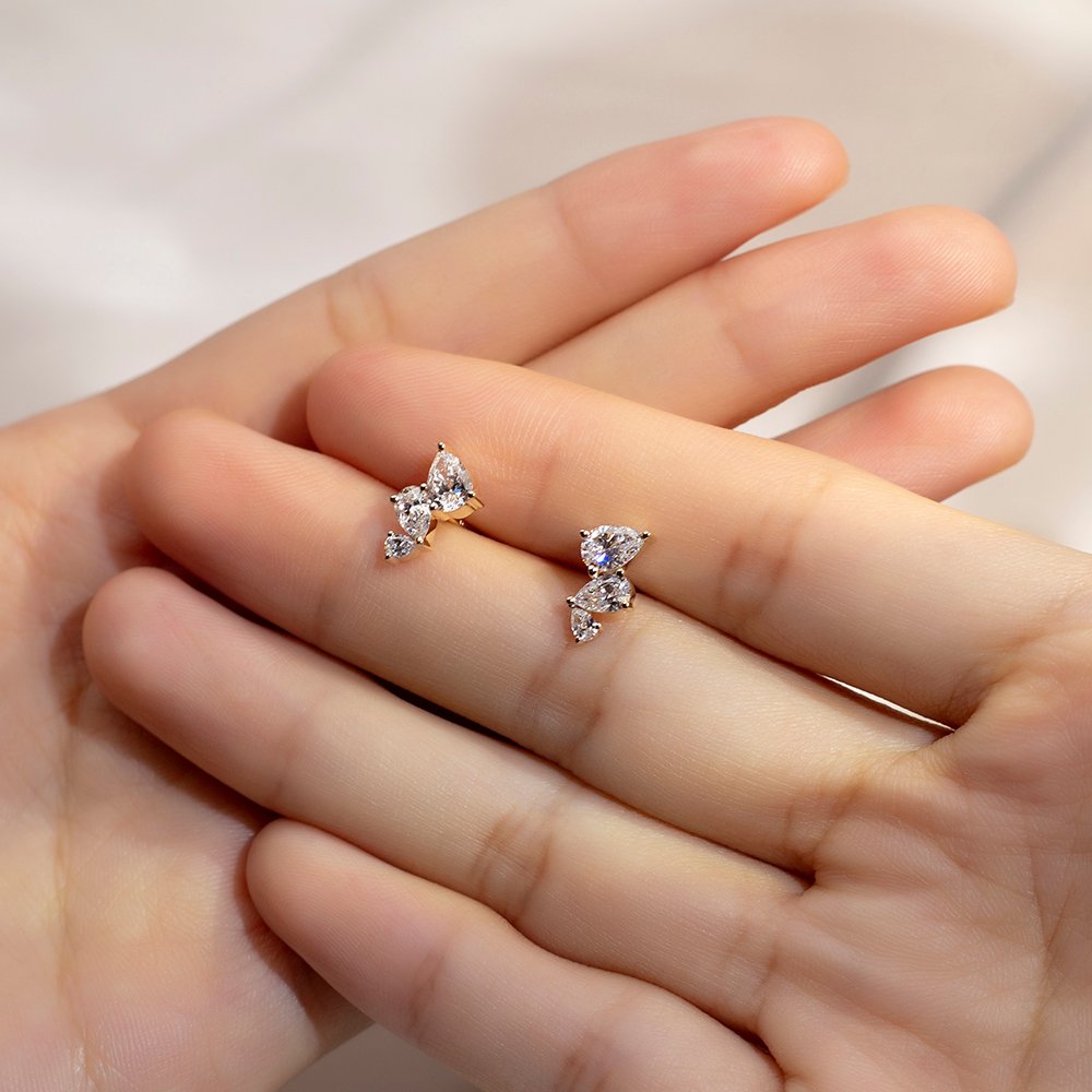 Aurora Geometry Pear Shape Three Stones Lab Grown Diamond E VVS2 14K Gold Studs Earrings MSE-772