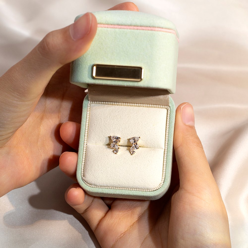 Aurora Geometry Pear Shape Three Stones Lab Grown Diamond E VVS2 14K Gold Studs Earrings MSE-772