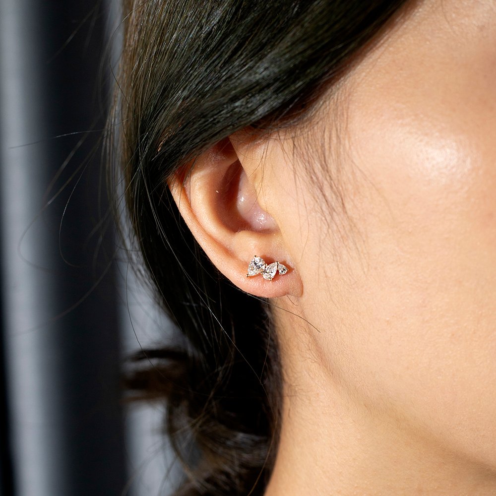 Aurora Geometry Pear Shape Three Stones Lab Grown Diamond E VVS2 14K Gold Studs Earrings MSE-772