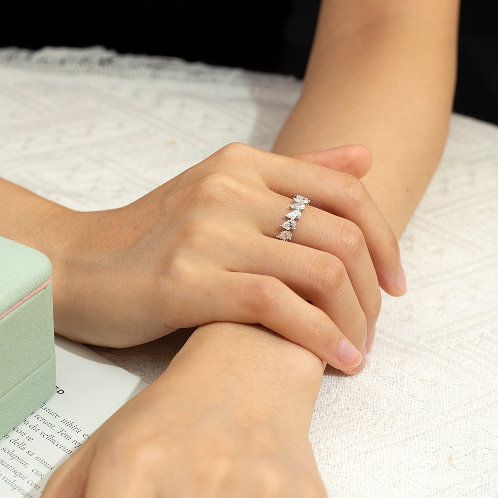 Aurora Geometry Pear Cut Lab Grown Diamond Eternity D VVS 18K White Gold Ring MSR-1674