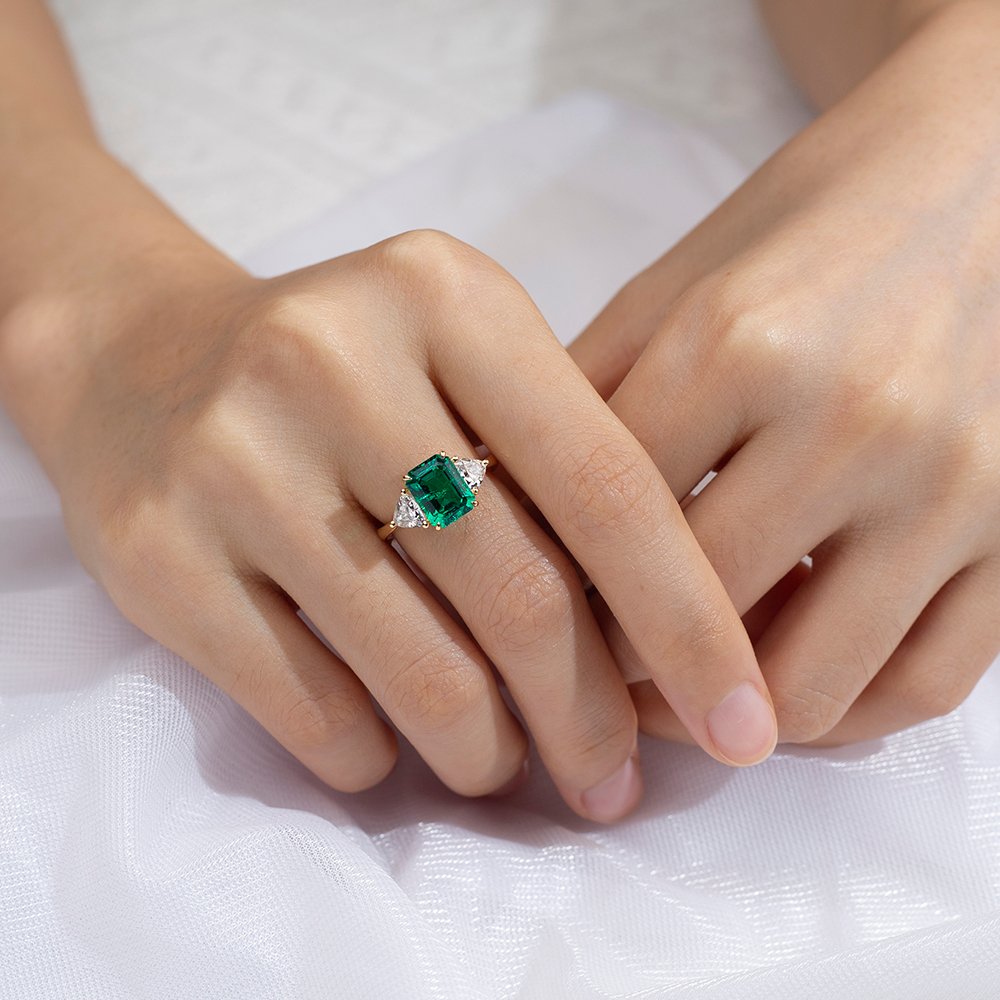 Aurora Geometry Emerald Cut Lab Grown Emerald 3CT Three stone 18K White Gold Ring MSR-1157