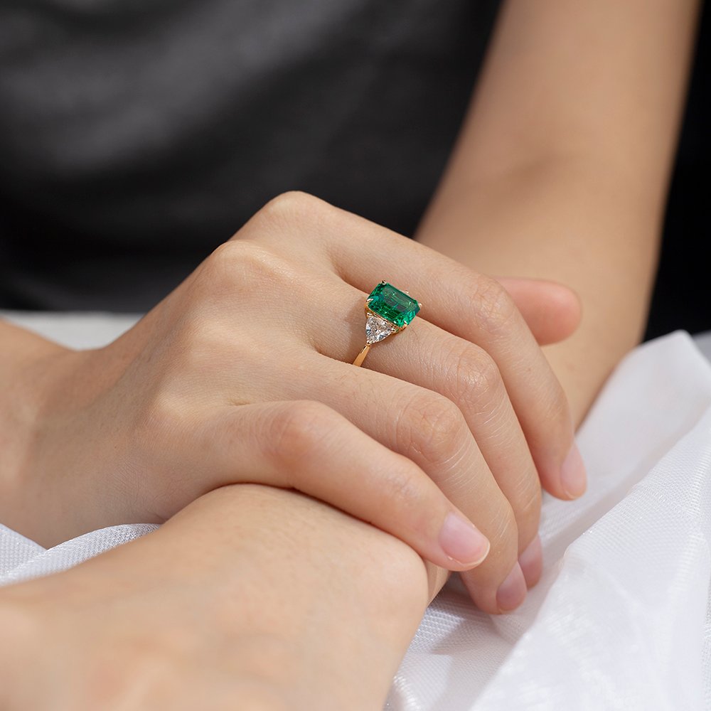 Aurora Geometry Emerald Cut Lab Grown Emerald 3CT Three stone 18K White Gold Ring MSR-1157