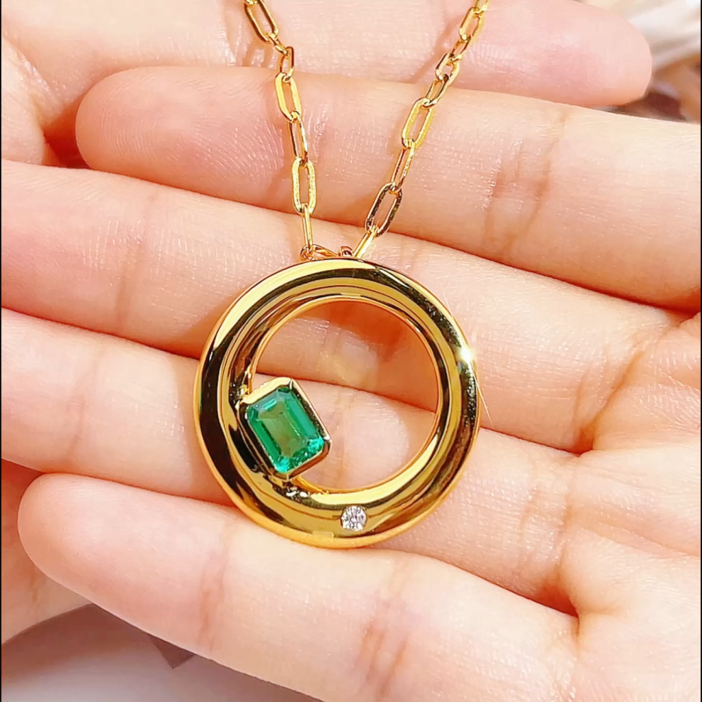 Aurora Geometry Octagon Shape Lab Emerald S925 Silver Pendant Necklace MSN-844